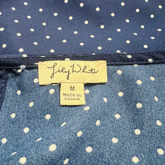 Lily White Women’s Blouse Navy White Polka Dot V-Neck Short Sleeve M (A0132) - Picture 5 of 6